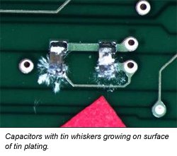 Image: Capacitors with tin whiskers growing on surface of tin plating