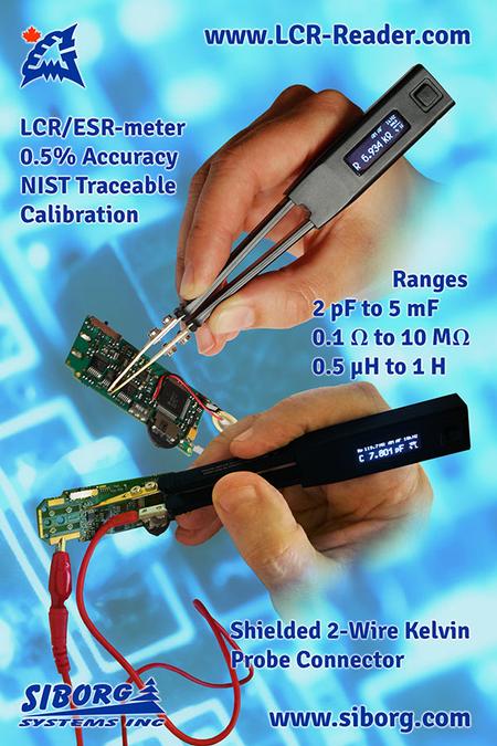 Siborg's LCR-Reader LCR- and ESR-meter and Kelvin Probe Connector for Smart Tweezers and LCR-Reader. The LCR-Reader simplifies testing SMD with a 0.5% basic accuracy and instantly displayed results. The Kelvin Probe Connector allows both LCR-Reader and Smart Tweezers to become full probe stations without virtually adding any parasitics.