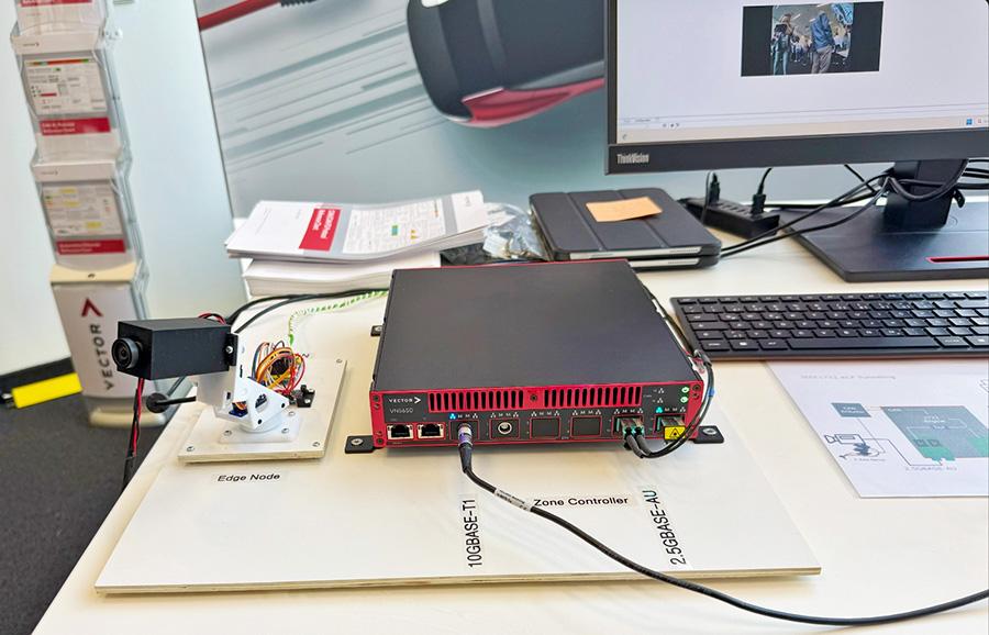 Demonstration setup: A VN5650 with integrated KD's optical KD7251 PHYs is shown with its optical connectors. In the setup, the PHYs are looped to transfer gigabit camera data live. (Copyright: Vector Informatik GmbH)