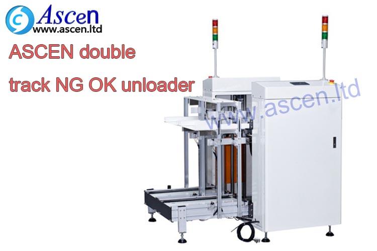 automatic dual rail PCB magazine unloader for NG reject in SMT manufacturing 