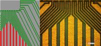 Layout data (grey= copper, green = laser tool, red = EndMill 150 µm) and structured PCB by ProtoMat D104